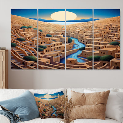 Full Moon Over Ancient Persian City II - City Buildings Wall Art Canvas 4 Piece