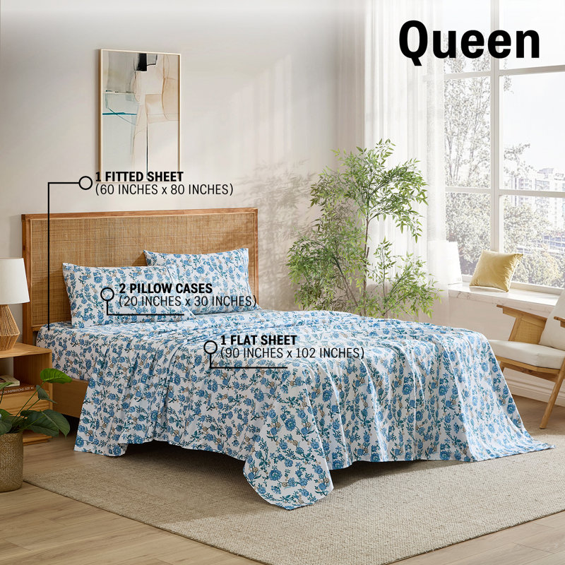 HLC.ME Ditsy Printed Floral Bed Sheets - 4 Piece Patterned Bed Sheet Set - Wrinkle Resistant &  Soft - Fits Mattresses Up To 15 Inches Deep (Queen, Blue)
