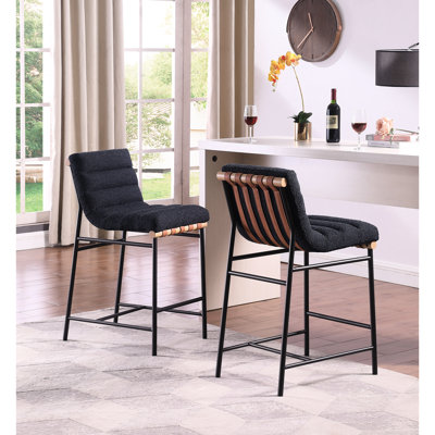 Contemporary Counter Height Seat With Leather Accents And Boucle Fabric Luxury Upholstery Wooden Frame