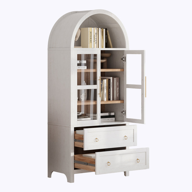 Armoire de salle de bain arquée avec 2 tiroirs, tablettes réglables, porte vitrée, Blanc
