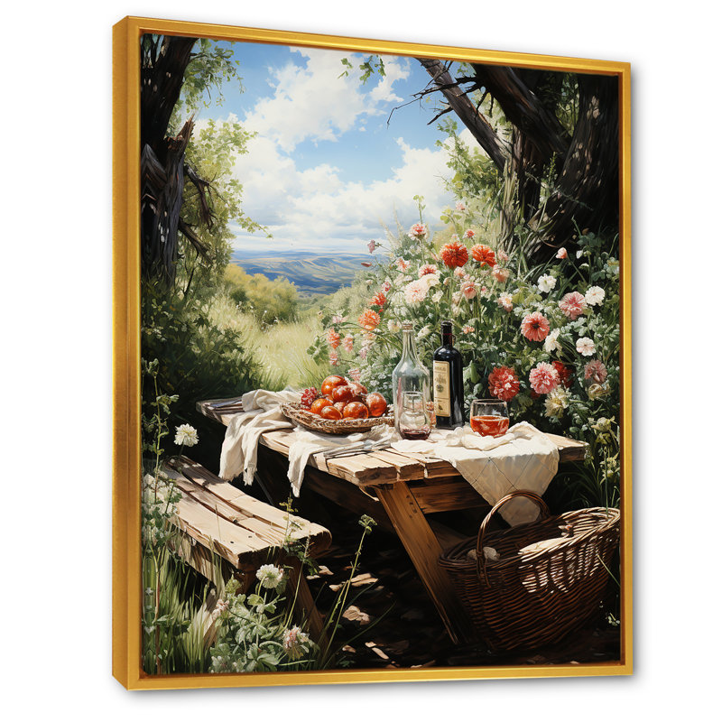 «Farmhouse», reproduction d'art sur toile, pique-nique champêtre, Cadre flottant doré, H 32 po x l 16 po x P 1 po