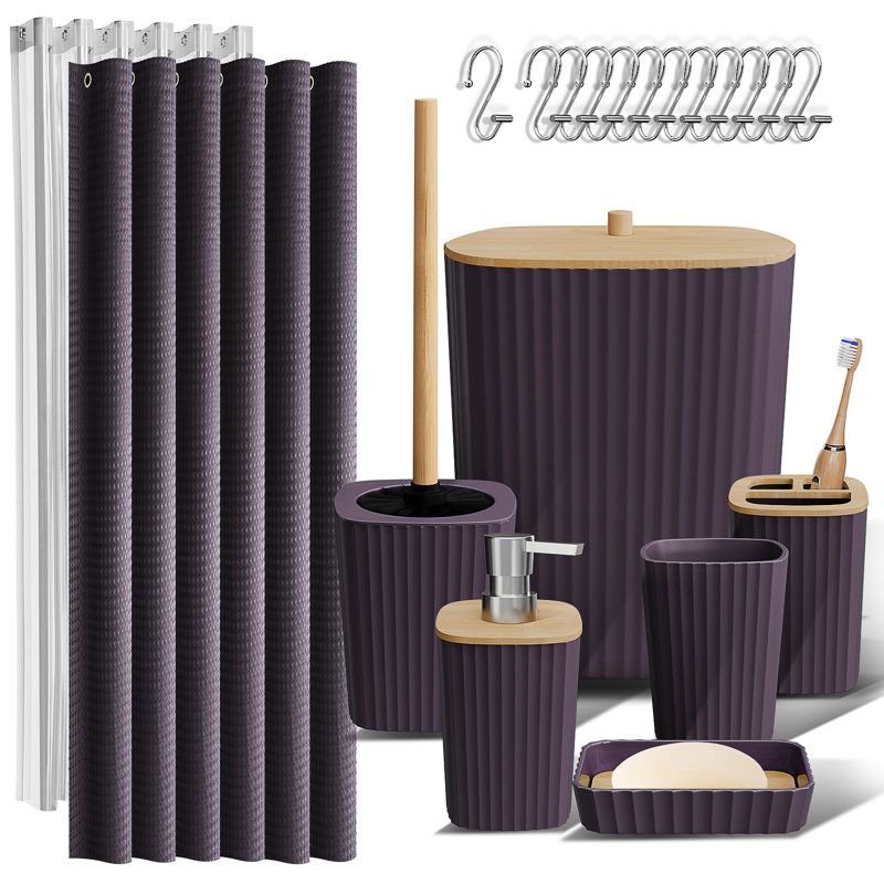 Ensemble complet d'accessoires de salle de bain 20 pièces avec rideau de douche, doublure et crochets, Mauve