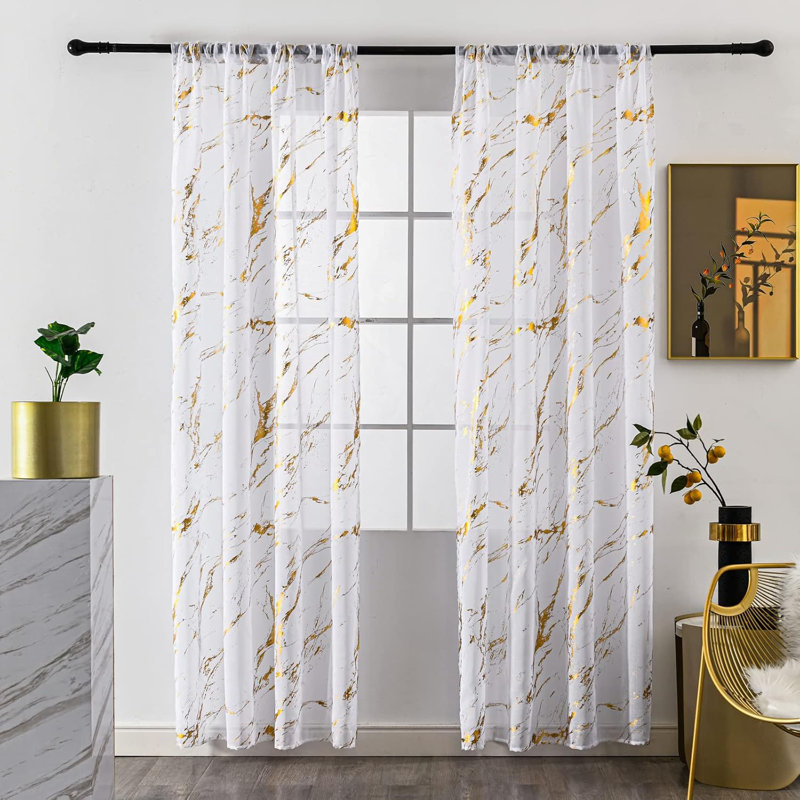 2PCS White Gauze - Gold Stamping Marble - Golden Curtains, 84''*52'', 52" W x 84" L