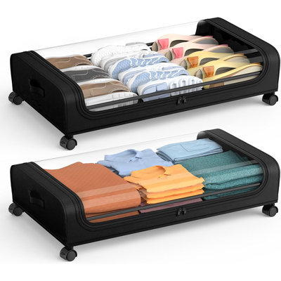  2 Pack Under Bed Storage With Wheels For Shoe Clothes Toy Book(black)