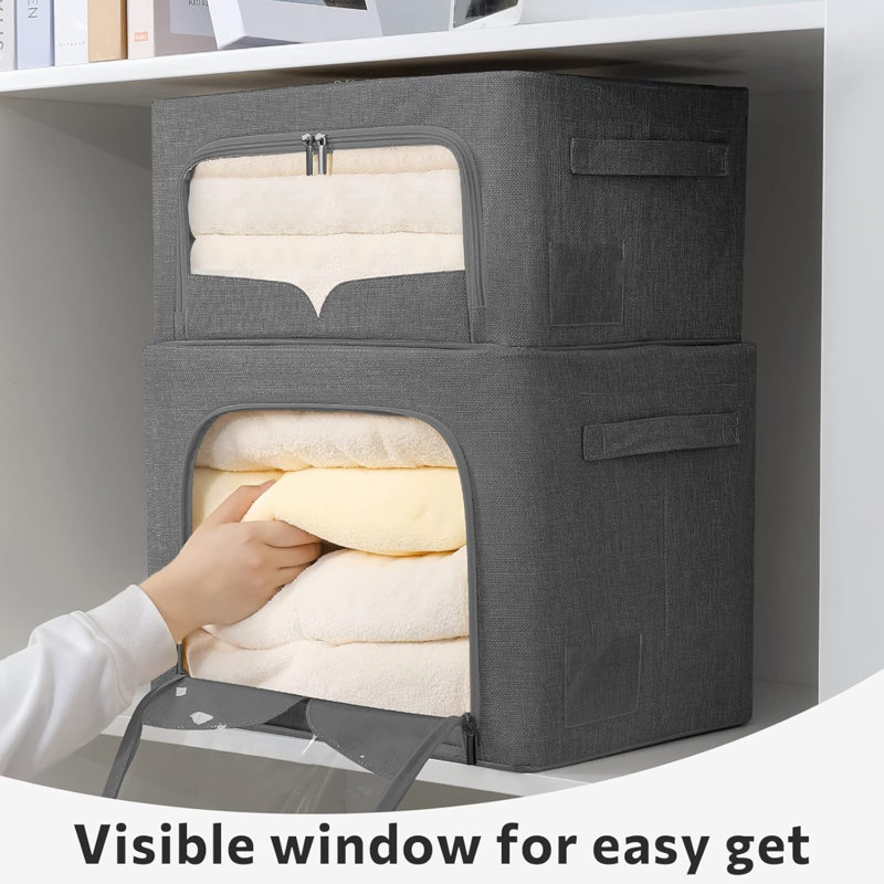 3 Pack Clothes Storage Bins Foldable Metal Frame Storage Box Stackable Linen Fabric Organizer Set With Carrying Handles And Clear Window (15.7X11.8X7.8Inch(22L))