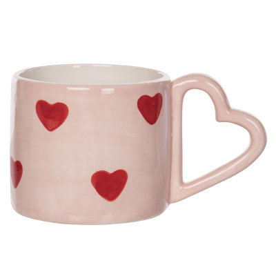 Dolomite Coffee Mug with Hand Painted Hearts, Pink, Ceramic, Table, Kitchen, Spring, Drinkware