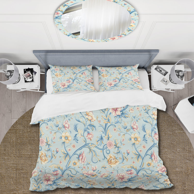 Pink Blue Boho Floral Paradise II - Boho Duvet Cover Set, Queen Duvet Cover + 2 Standard Pillow Shams