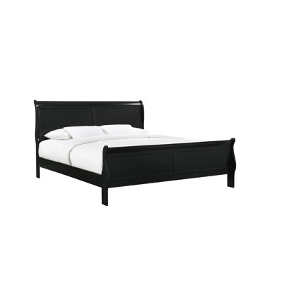 Grand lit en bois massif noir avec glissières de tiroir en métal et fond français pour un design gracieux