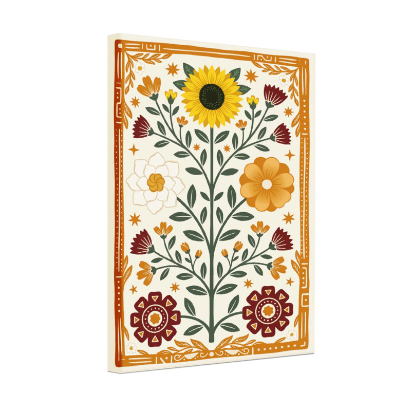 Plantes et fleurs à motif floral avec tournesol et bordures géométriques