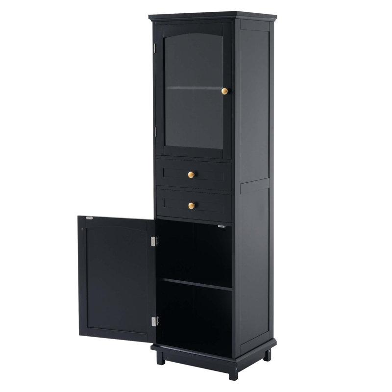 Armoire de rangement pour salle de bain de 63 po de hauteur avec portes en verre, deux tiroirs et tablettes réglables, panneau de fibres à densité moyenne