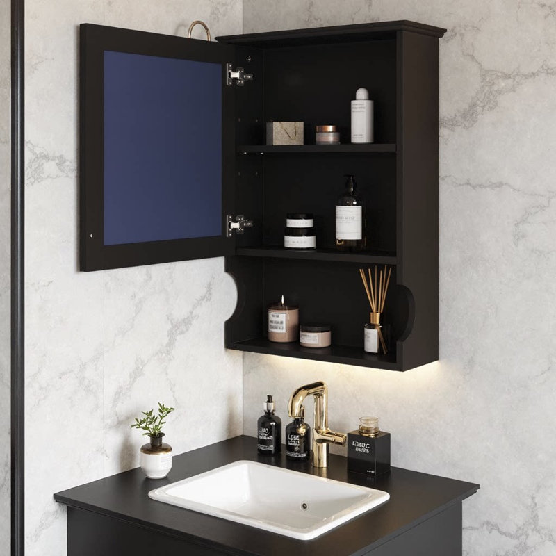 Pharmacie murale 20 "avec miroir | Design demi-lune avec tablette réglable et porte à fermeture en douceur | Armoire de rangement compacte pour salle de bain avec tablette ouverte