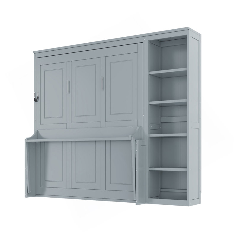 Lit escamotable double avec bureau et bibliothèque, Gris, Double