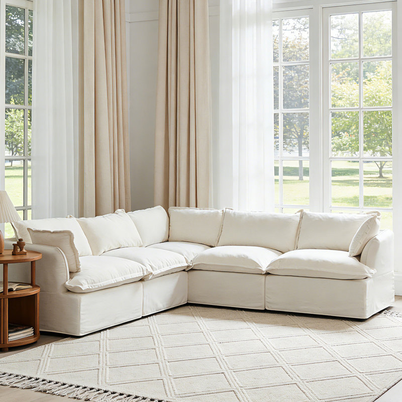 Canapé modulaire en duvet synthétique Kejon, Mélange de lin blanc Kejon