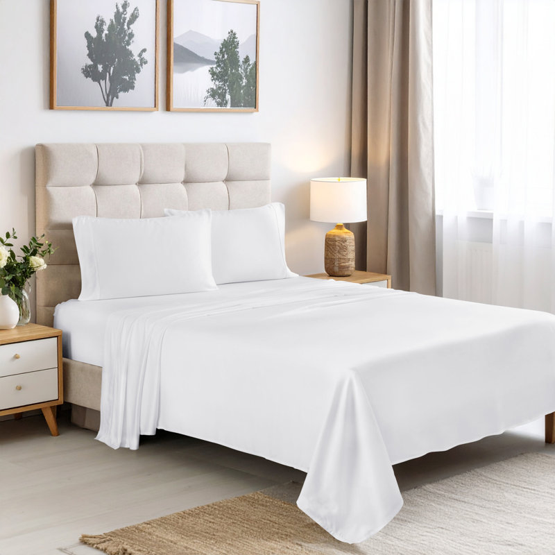 Superior 300 Thread Count 100% Rayon From Bamboo Solid Deep Pocket Bed Sheet Set, White, Queen 4pc Set