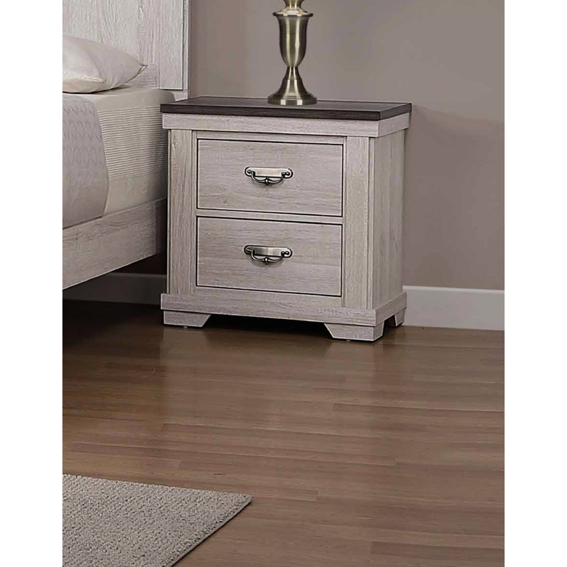 Table de chevet 2 tiroirs de style rustique avec plateau gris beige et blanc pour la décoration