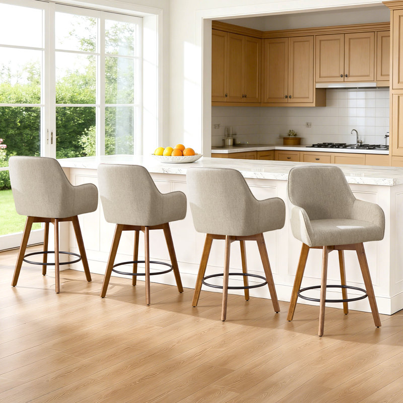 Set of 4 Swivel Upholstered 25'' Counter Stool with Solid Wood Frame & Full Back Arms, 4, Beige