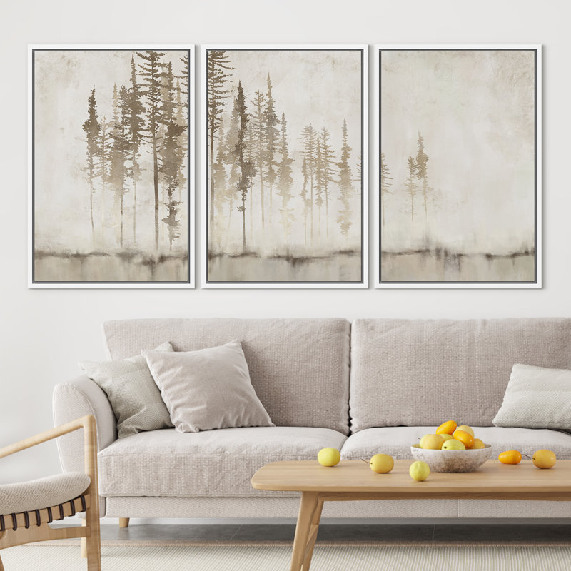 Pastel Abstract Tree Subtle Neutral Modern Rustic Home Decor - Framed Canvas Print Wall Art Work, 36" H x 72" W, White