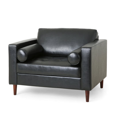 Black Faux Leather Club Lounge Chair With Birch Wood Legs In , 32.7" High X 44.77" Wide 34.06" Deep, 26.75" Arm Height Armchair Legs, Deep High, Height, Comfy