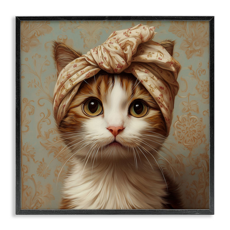 Chat avec un turban tendance, estampe numérique, design par Jim Baldwin, Giclée encadrée noir minuit, H 12 po x l 12 po