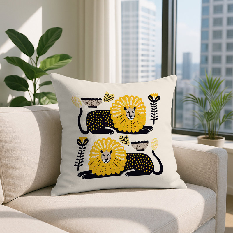 Oreiller carré réversible intérieur / extérieur Chiga Lion, Jaune, Carré 17 po