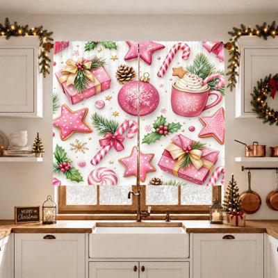 2 pièces de rideaux à thème de Noël, biscuits de pain d'épices roses festifs, cannes de bonbon, flocons de neige, tasse de chocolat chaud, impression d'ornements et de boîtes-cadeaux, filtrage de la lumière, passe-tringle, pour le salon, la chambre à coucher, les décorations des Fêtes