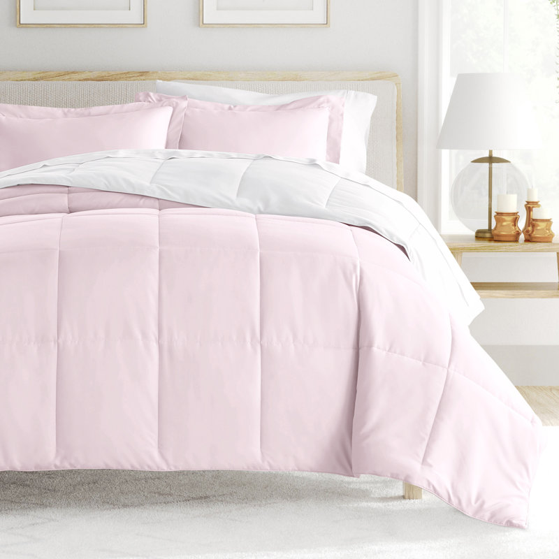 Reversible Down-Alternative Comforter Bedding Set, Twin/TwinXL Comforter + 1 Sham, Blush