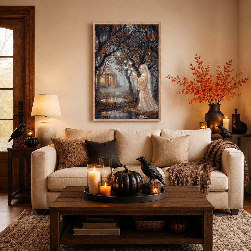 " Woman In White Robe With Glowing Butterflies Halloween " Painting Print, 48"H x 36"W