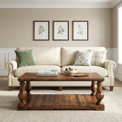Farmhouse Coffee Table With Storage Shelf, Solid Wood Turned Legs, 2-Tier Rustic Wood Center Table For Living Room