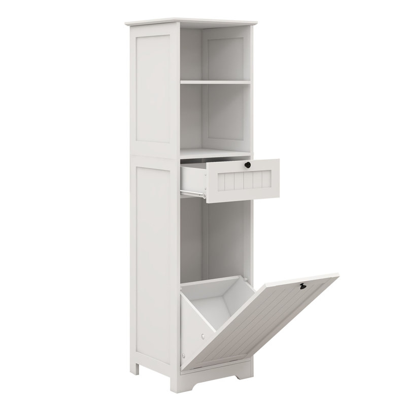 Armoire à linge compacte 16 po avec tiroir et tablettes, panier à linge inclinable en bois, blanc