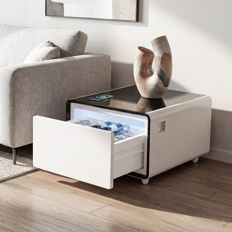 Table d'appoint intelligente avec tiroir de réfrigérateur, chargement sans fil, ports USB Type-C, prises de courant, lampe à induction à DEL