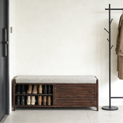 Banc de rangement patiné pour chaussures avec coussin, banc de hall d'entrée de charme rétro pour le salon et le couloir