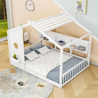 Wooden Floor Bed With Roof Design And Storage Shelves