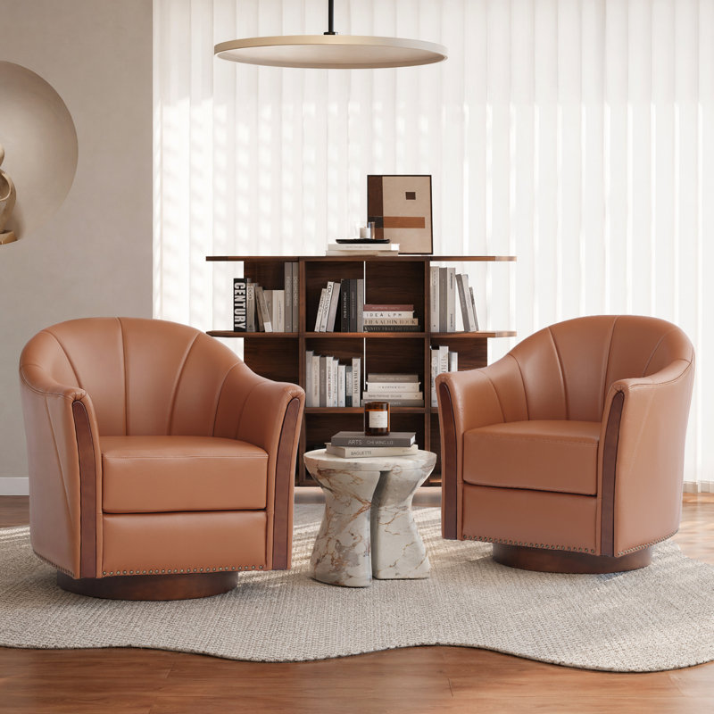 Modern Leather Swivel Barrel Chair with Solid Wood Base（Set of 2), Brown