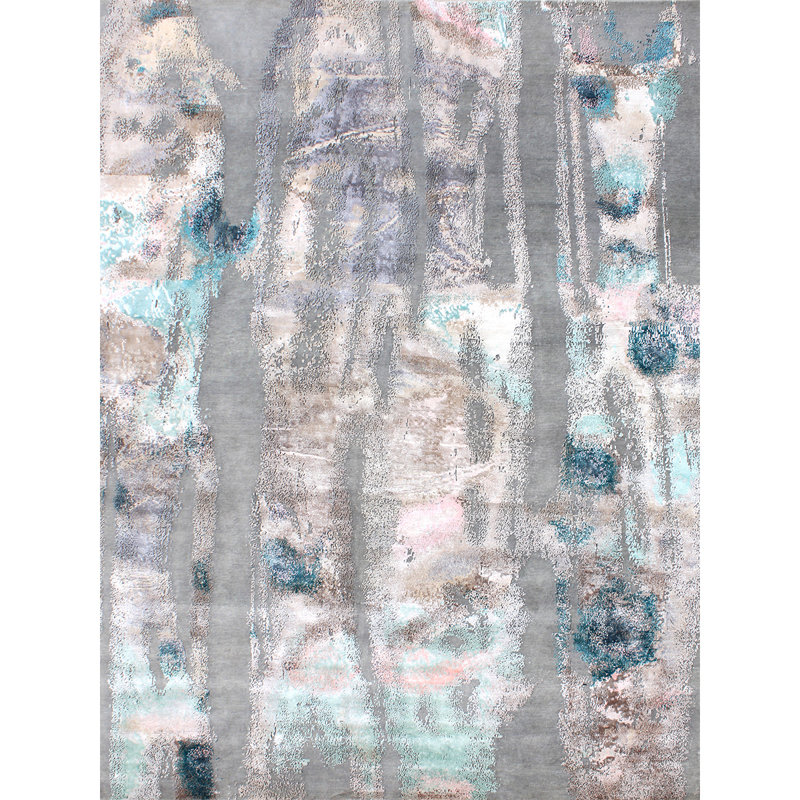 Tapis gris / brun / bleu noué à la main de haute qualité, Rectangle 9 pi x 12 pi