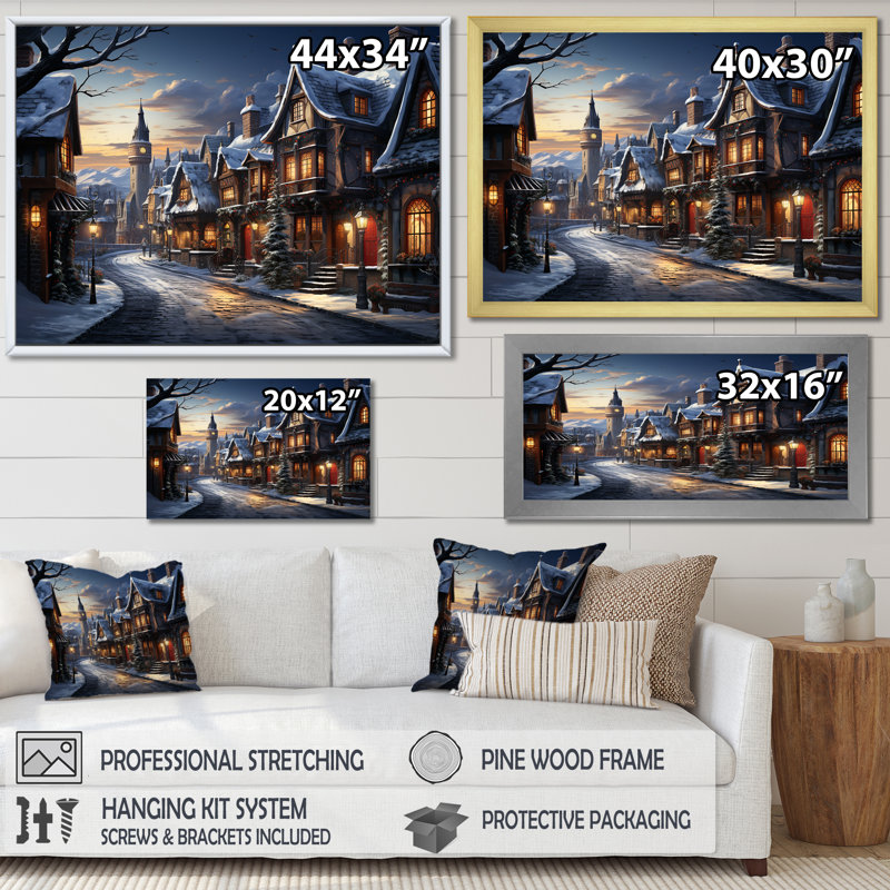 «European Winter City By Night - Winter Landscape», art mural, Cadre flottant doré, H 24 po x l 32 po x P 1 po