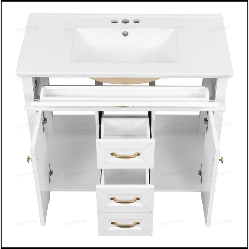 36 Inch Golden Handles Bathroom Vanity With Sink, White
