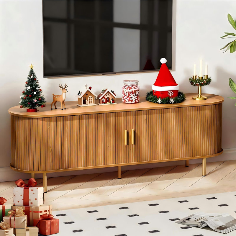 Tv Stand With Power Outlet For Tvs Up To 70 Inch, Entertainment Center With Storage And Adjustable Shelves, Mid Century Modern Media Console With Sliding Doors For Living Room