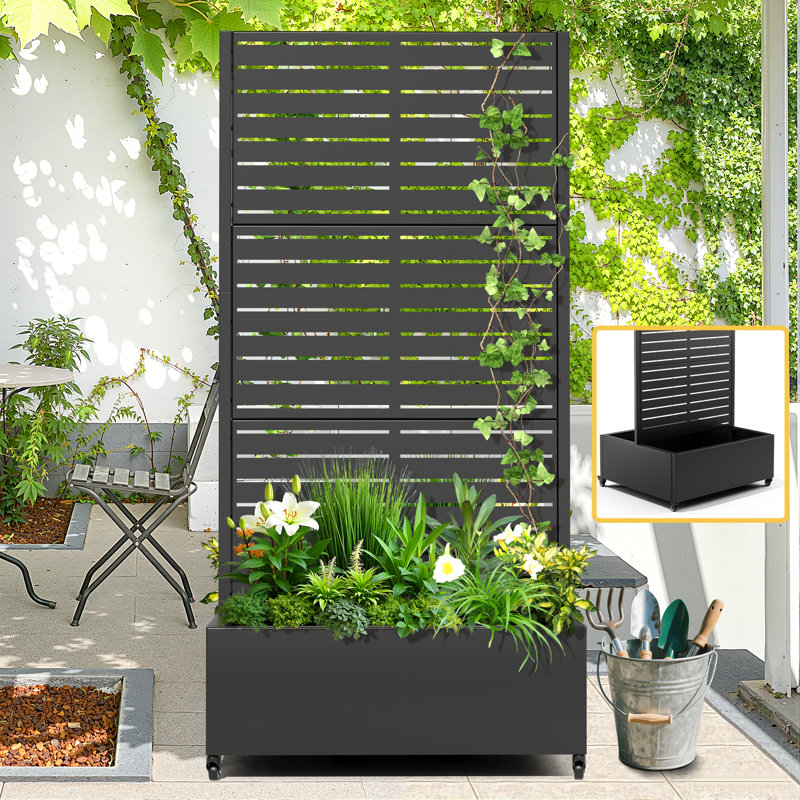 Double-Sized Metal Planter Box with Trellis Tall Raised Garden Bed on Wheels, with 2 Metal Planter Box  for Climbing Plants and Vegetables and Roses