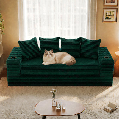 Canapé-lit Teddy sans cadre de 195 cm, canapé-lit en velours côtelé sans cadre avec porte-gobelets, rangement latéral et 30 couches de mousse haute densité, canapé-lit comprimé au sol