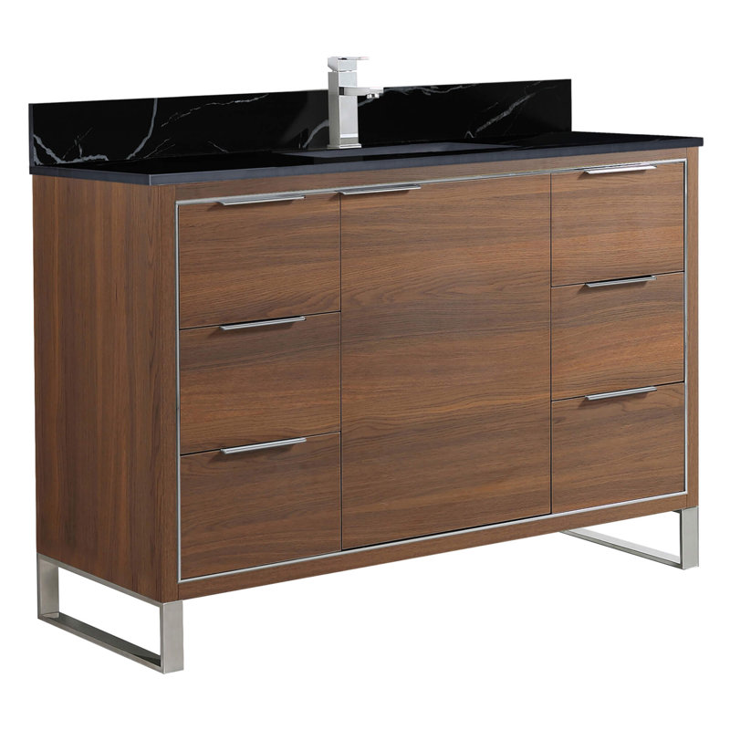 Gerzon 48'' Single Bathroom Vanity with Stone Top, Walnut Ebony, Chrome