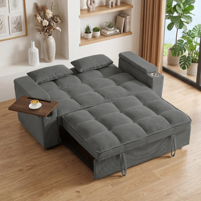 Canapé-lit convertible l 65 po 3 en 1, causeuse escamotable avec table d'appoint et ports USB et ports Type-C avec accoudoirs de rangement Vincy