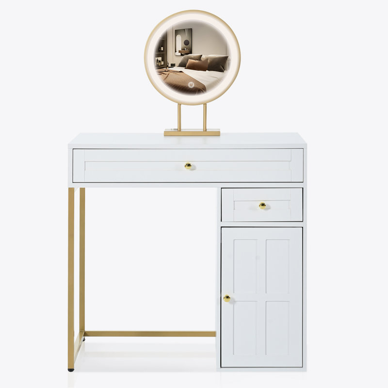 White and Gold 31.5'' Makeup Vanity Desk with Lighted Mirror