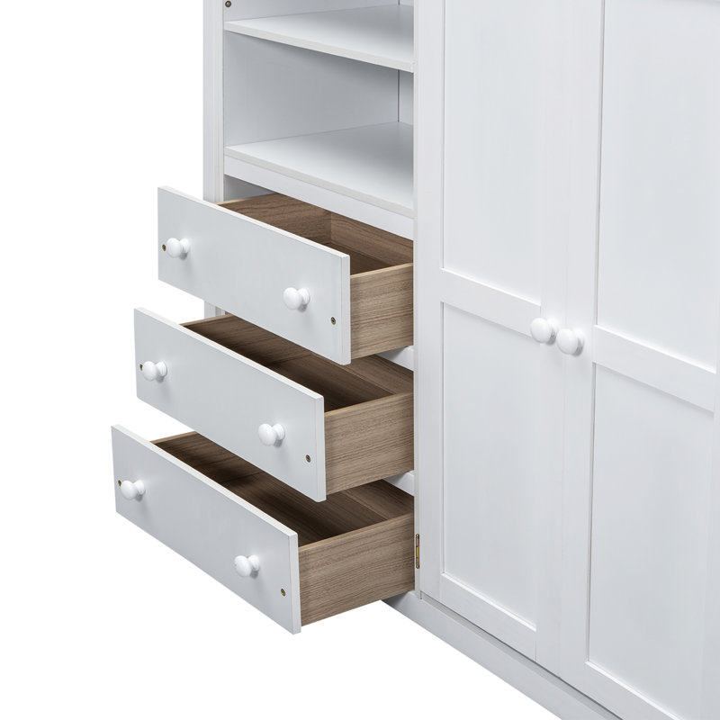 Lit mezzanine blanc avec bureau, garde-robe, étagères et tiroirs - Chambre moderne avec tablettes pleine grandeur, Blanc