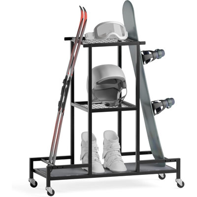 Support de rangement pour skis debout, peut contenir des planches à neige, des skis, un organisateur à 3 niveaux pour l'équipement, noir, support à ski pour le garage avec antidérapant