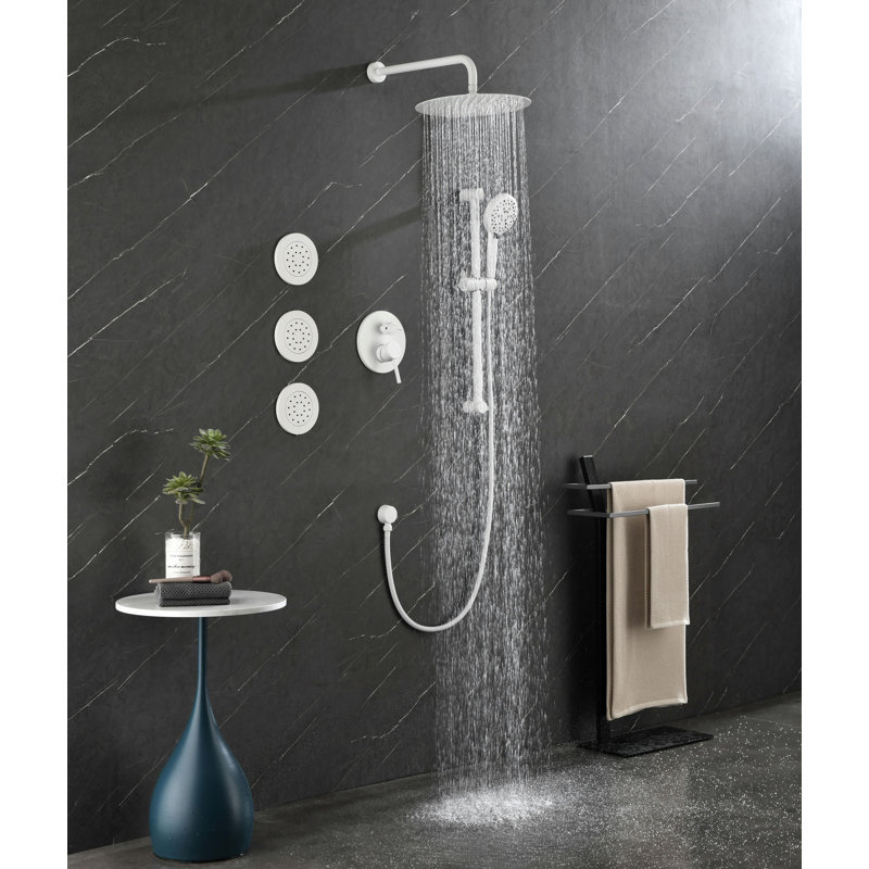 Système de douche avec pomme de douche, douche à main, barre coulissante, jets de corps, bras de douche, tuyau, garniture de valve et poignées à levier