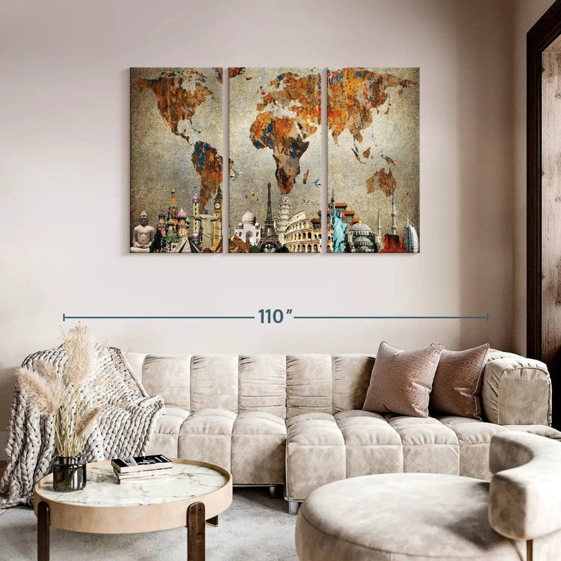 " Rusty World Map " by Vintage Charm Collective 3 - Pieces, 74" H x 48" W x 1.25" D