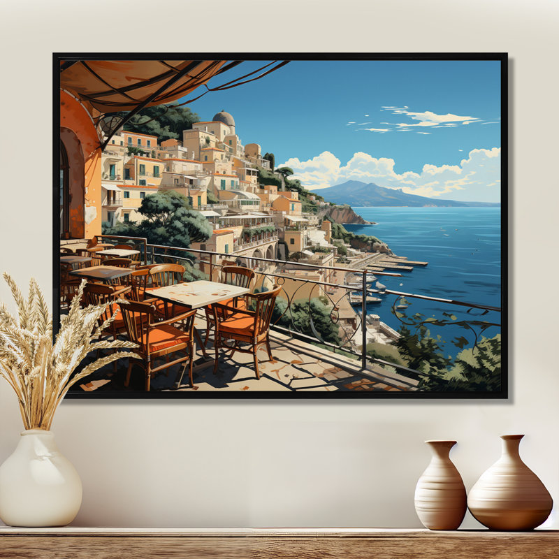 Capri, Italie, bleu, village méditerranéen I - Paysage, Italie, art mural, Cadre flottant noir, H 24 po x l 32 po x P 1 po