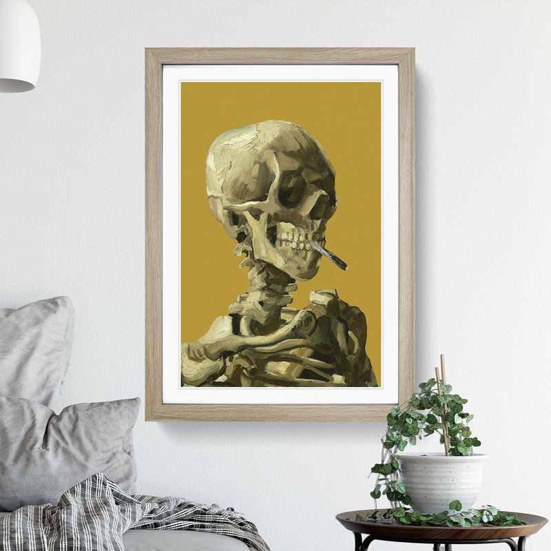 Mustard Skull of a Skeleton with Cigarette by Vincent Van Gogh - Picture Frame Painting on MDF, 48cm H x 36cm W x 2cm D