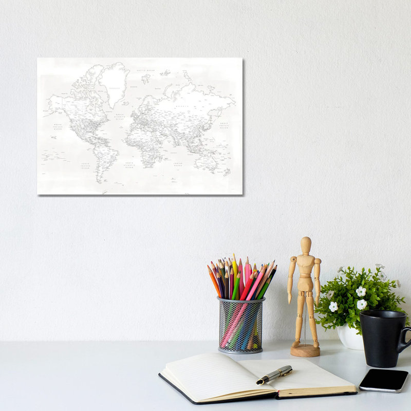 Detailed World Map Maeli White by Blursbyai - Gallery-Wrapped Canvas Giclée on Canvas, 20.32 cm H x 30.48 cm W, Canvas