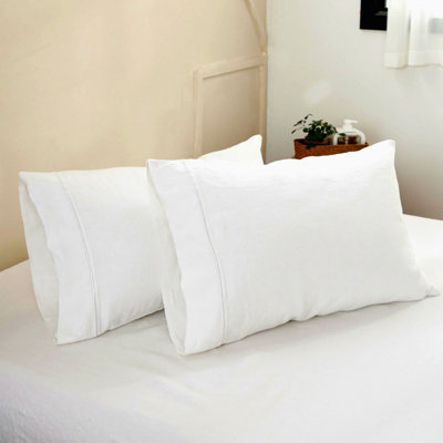 Embroidered Linen Dream Pillowcases - 100% French Flax, Pack of 2, Soft Breathable Washed Solid Color, Natural White, 20'' x 40''